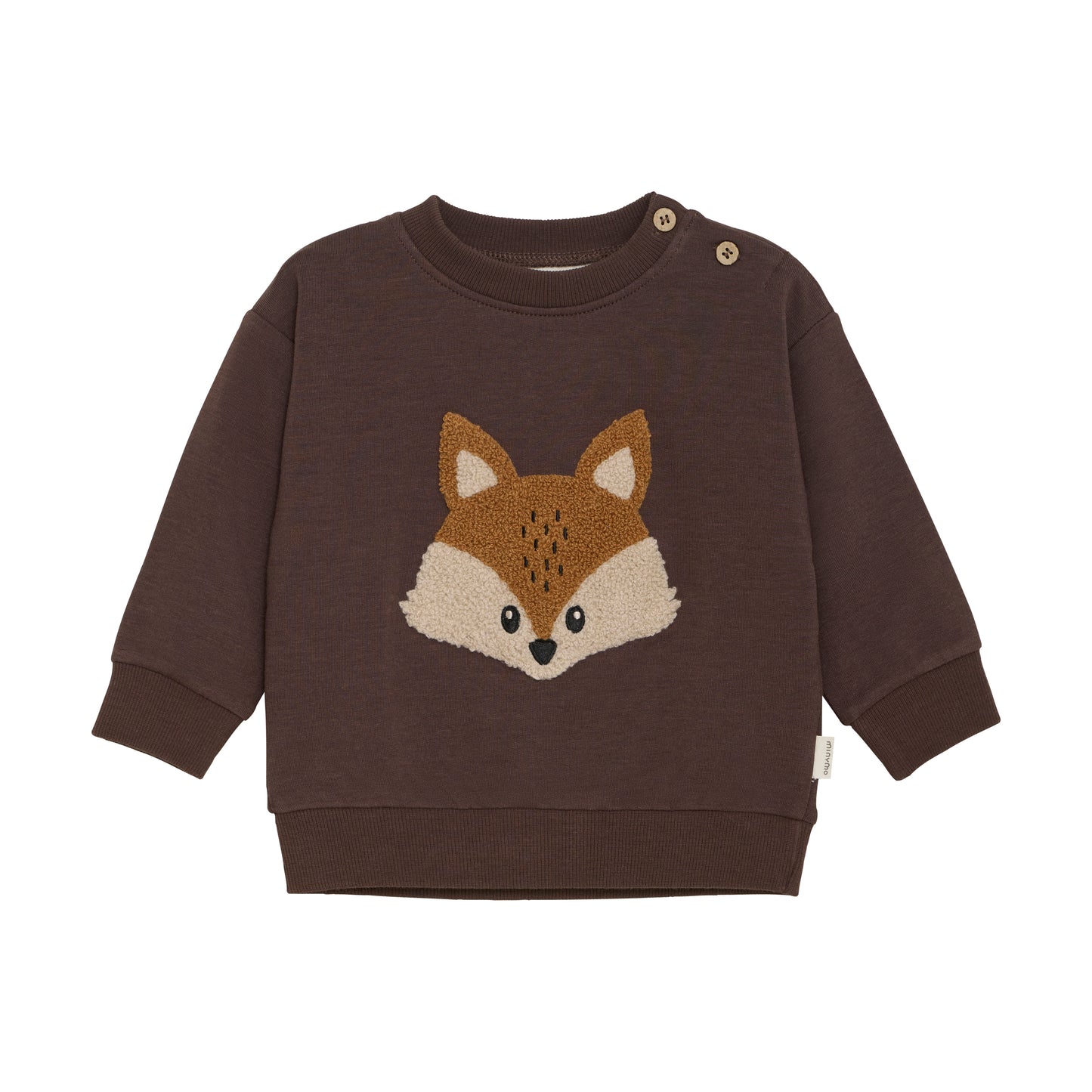 Braunes Kinder Sweatshirt mit appliziertem Fuchs-Motiv auf der Vorderseite, aus Bambus und Baumwolle – erhältlich bei Bärechind Winterthur