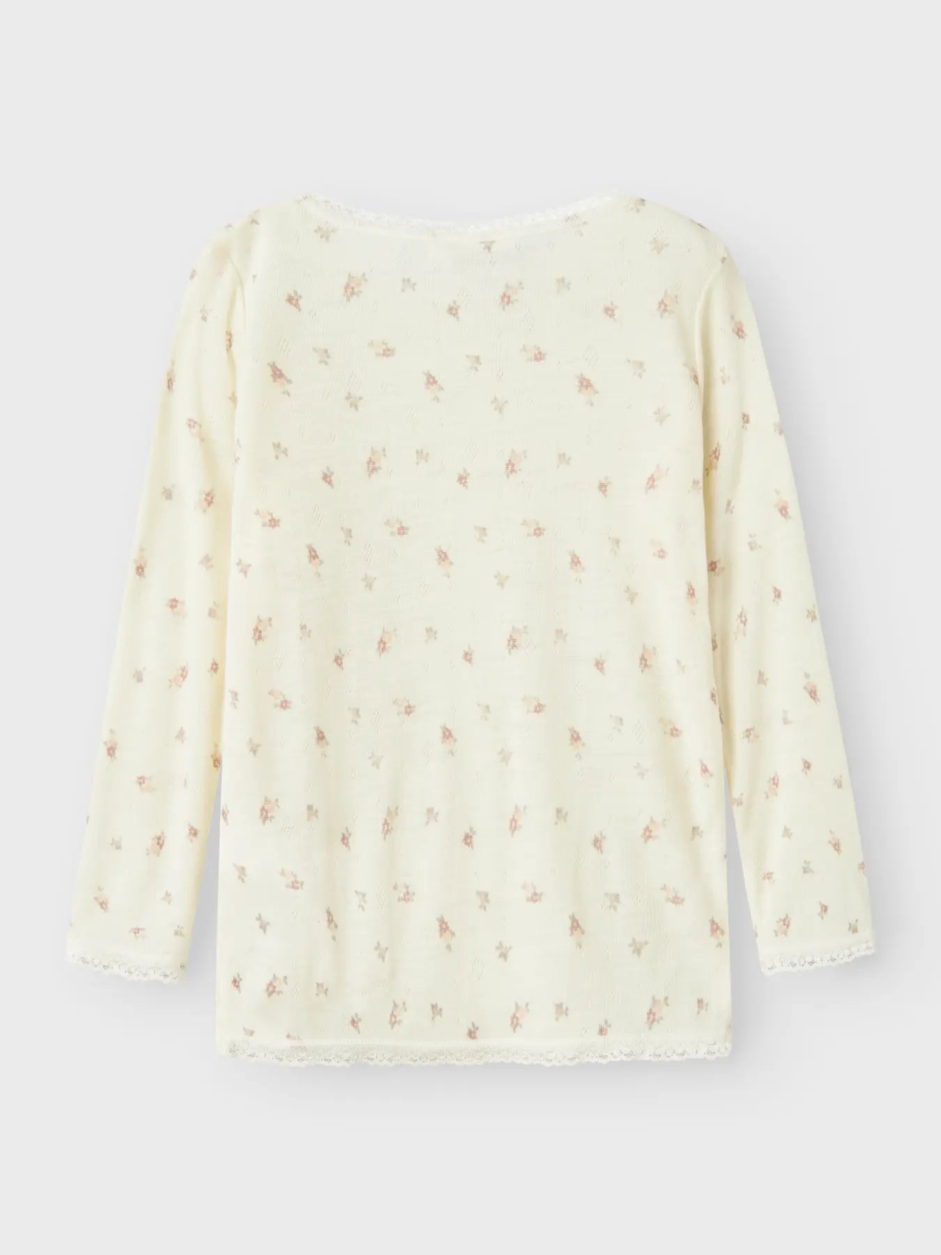 Rückansicht eines Langarmshirts aus 100% Wolle mit Blumenprint – zu kaufen bei Bärechind in Winterthur, Zürich, Schweiz.