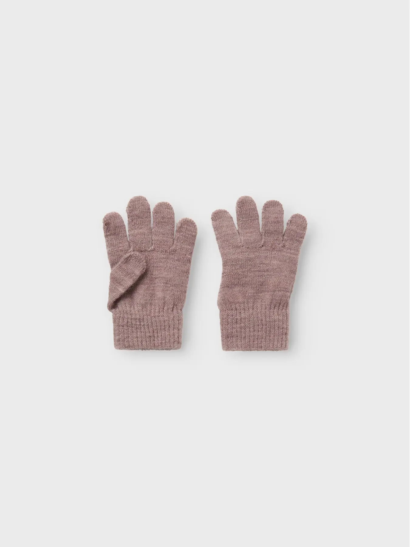 Zwei rosafarbene Kinder-Wollhandschuhe von NAME IT, flachliegend nebeneinander.