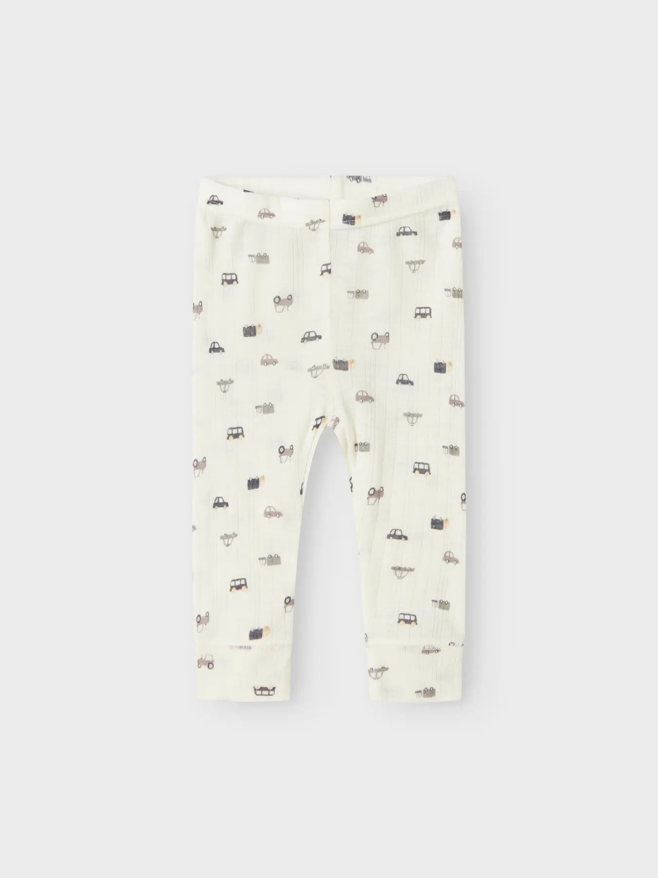 Baby Wollleggings mit Auto-Muster aus 100% Wolle, Vorderseite – erhältlich bei Bärechind in Winterthur, Zürich Schweiz.