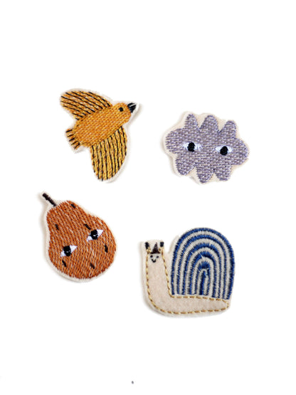 Aufnäher SET "Schnecke, Birne, Wolke, Vogel"