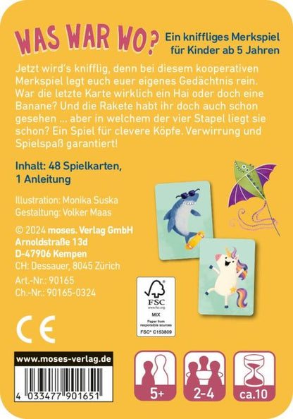 Rückseite der Verpackung von Was war wo mit Spielregeln und Altersangabe ab 5 Jahren