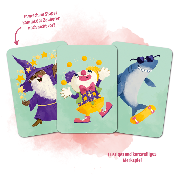 Nahaufnahme der Spielkarten von Was war wo mit Zauberer, Clown und Hai Illustrationen