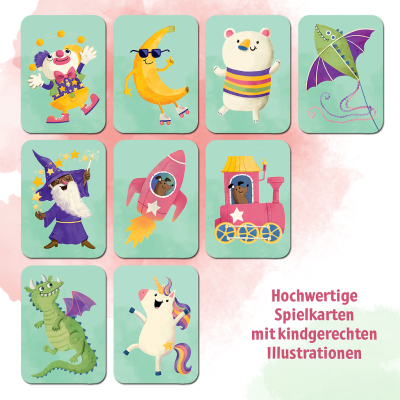 Übersicht bunter Spielkarten von Was war wo mit Einhorn, Rakete, Lama und weiteren Motiven