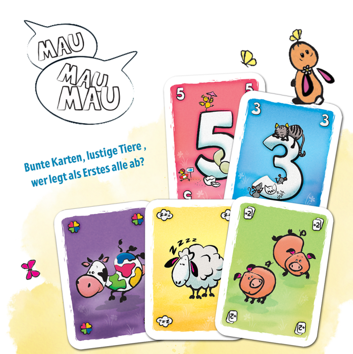 Kinder spielen Mau Mau mit bunten Spielkarten und Sprechblase Mau Mau