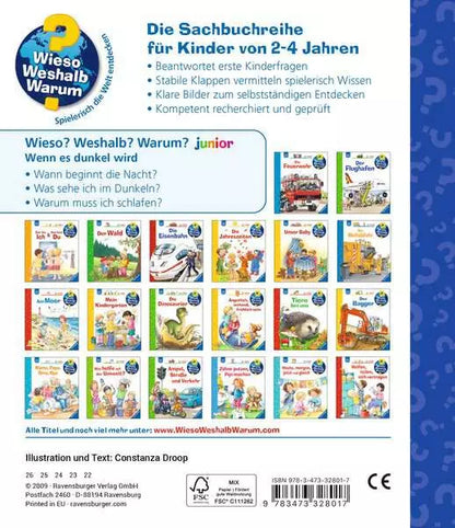 Rückseite Kinderbuch Wenn es dunkel wird aus der Sachbuchreihe Wieso Weshalb Warum für Kinder von 2 bis 4 Jahren im Bärechind Winterthur Zürich Schweiz.