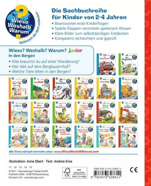 Rückseite Kinderbuch In den Bergen aus der Sachbuchreihe Wieso Weshalb Warum für Kinder von 2 bis 4 Jahren im Bärechind Winterthur Zürich Schweiz.