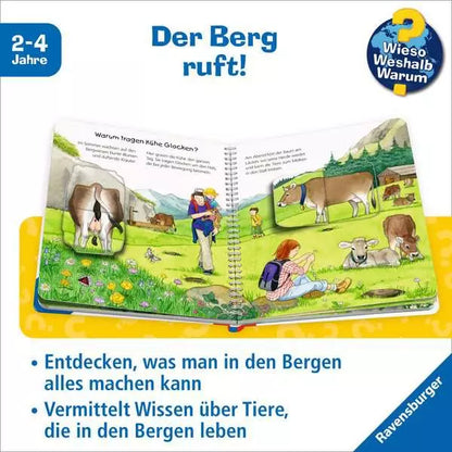 Innenansicht Kinderbuch In den Bergen mit Klappen zu Tieren und Aktivitäten in den Bergen im Bärechind Winterthur Zürich Schweiz.