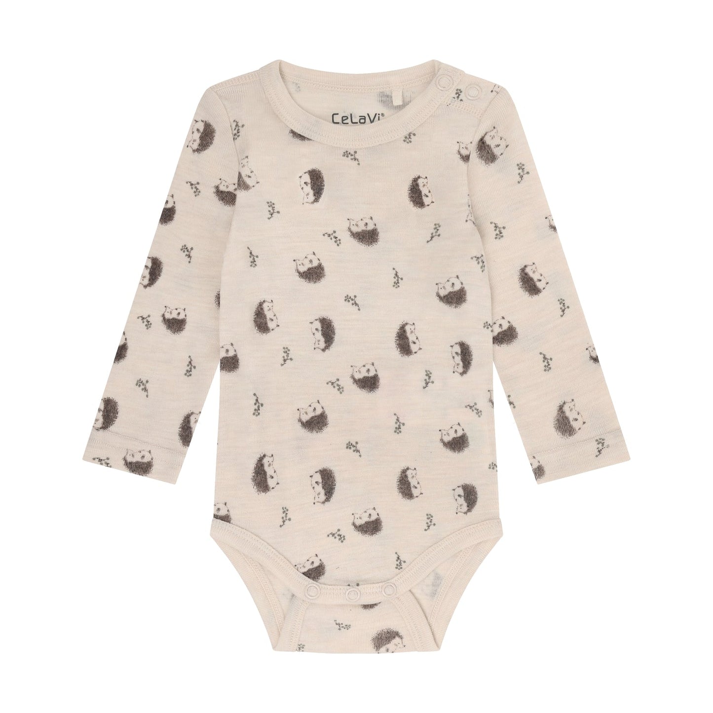 CeLaVi Merino Body Baby mit Igelprint in Walnut, Vorderansicht
