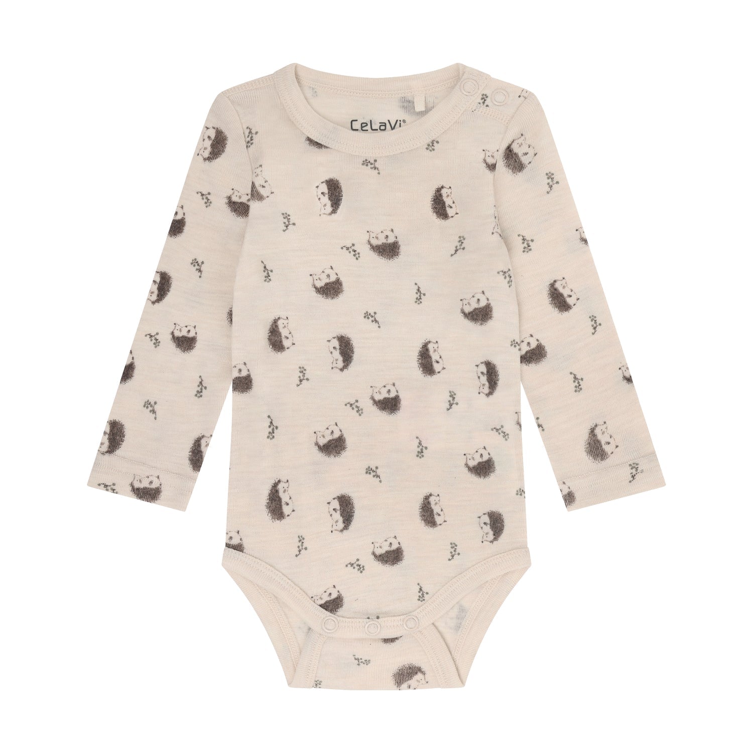 CeLaVi Merino Body Baby mit Igelprint in Walnut, Vorderansicht