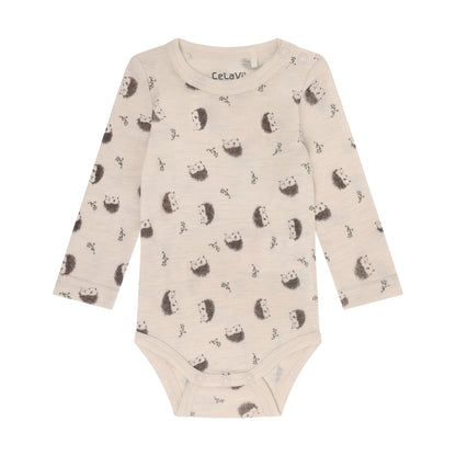 CeLaVi Merino Body Baby mit Igelprint in Walnut, Vorderansicht