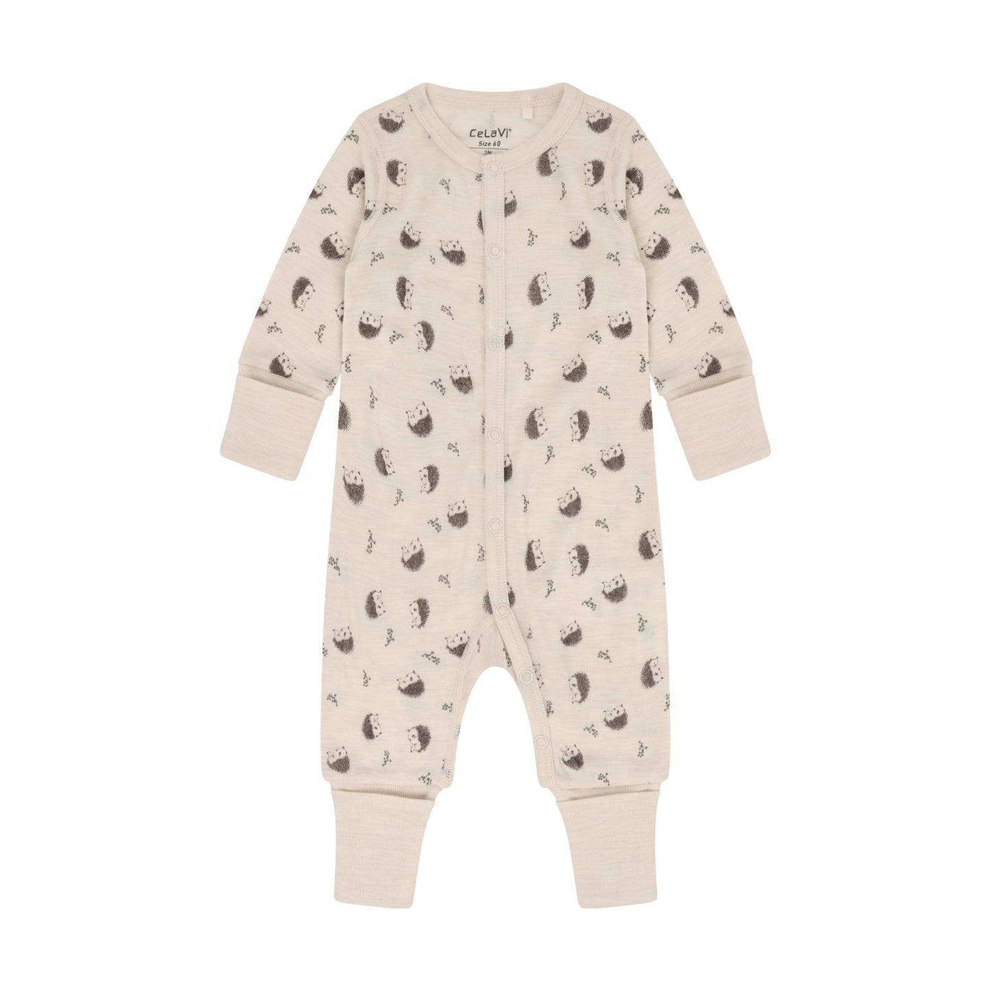 CeLaVi Merino Strampler Baby mit Igelprint in Walnut, Vorderansicht