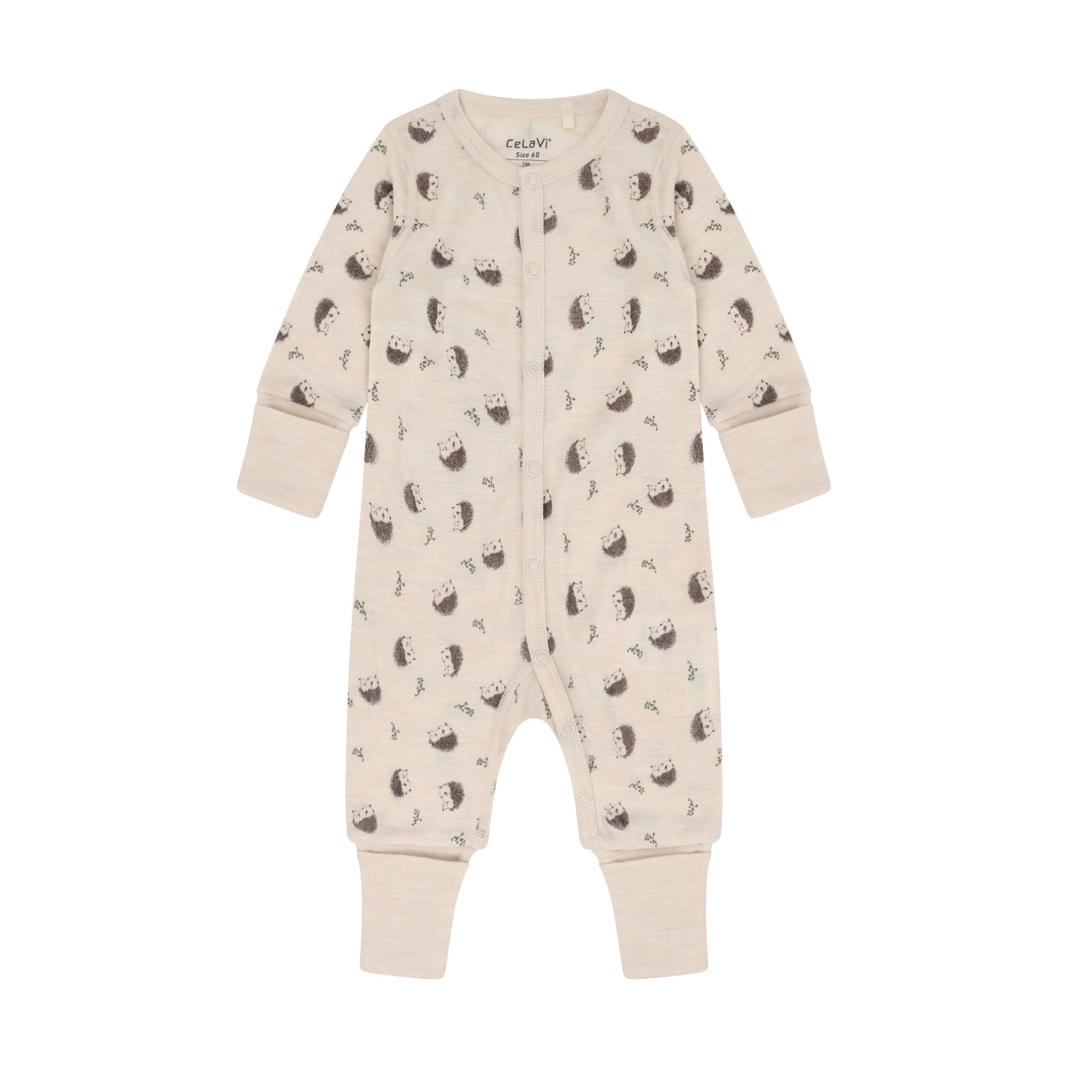 CeLaVi Merino Strampler Baby mit Igelprint in Walnut, Vorderansicht