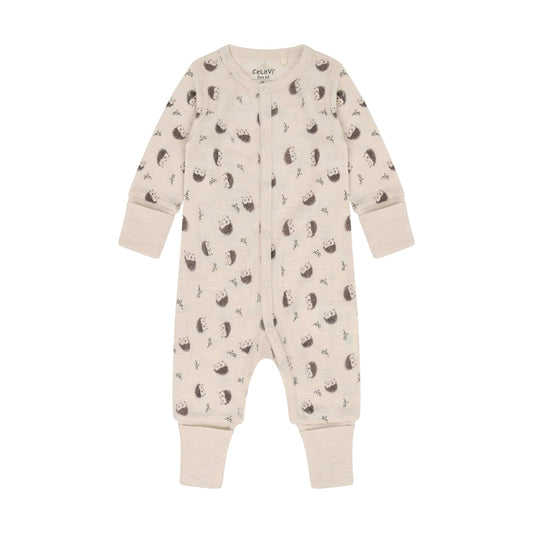 CeLaVi Merino Strampler Baby mit Igelprint in Walnut, Vorderansicht