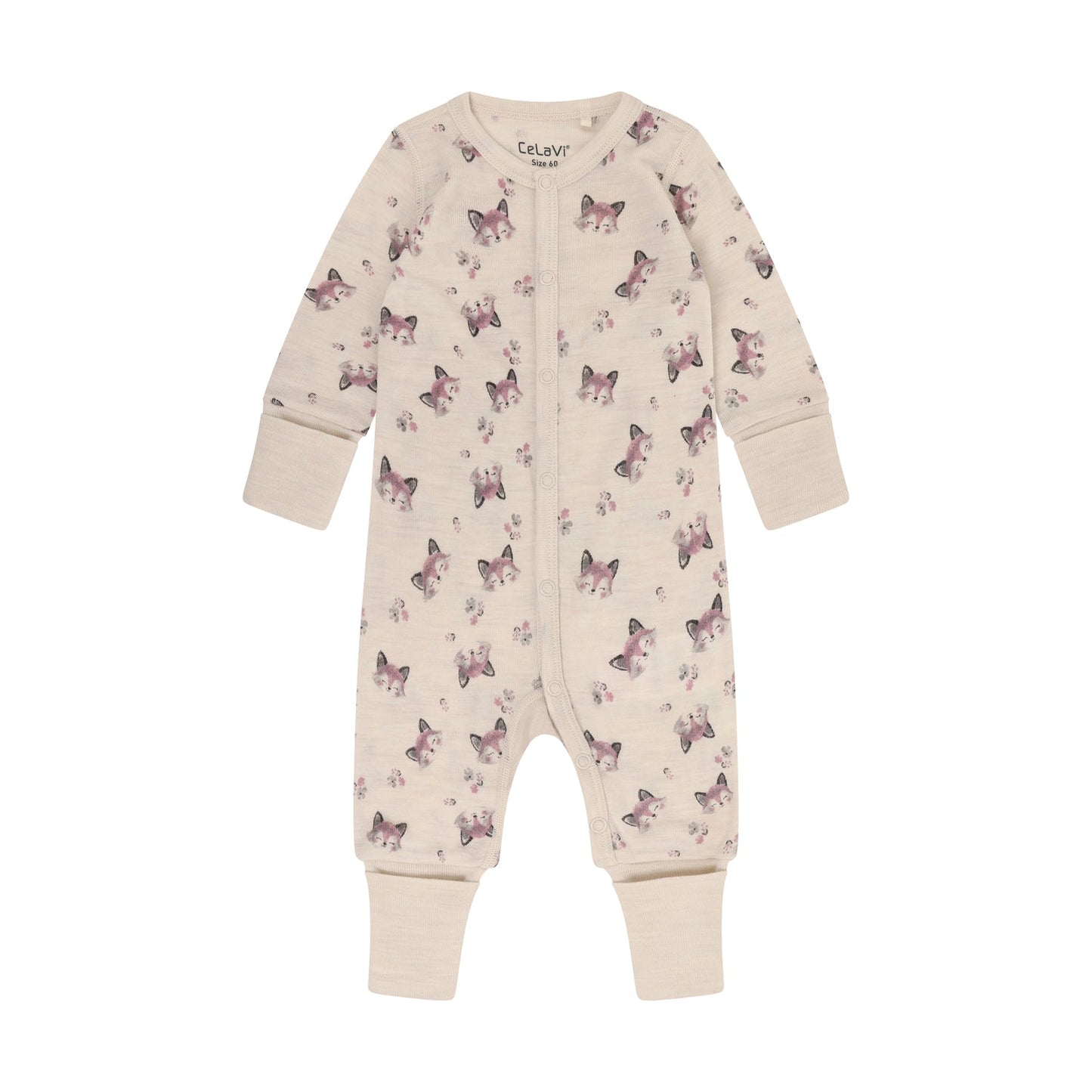 CeLaVi Merino Strampler Baby mit Fuchsprint in Lilas, Vorderansicht