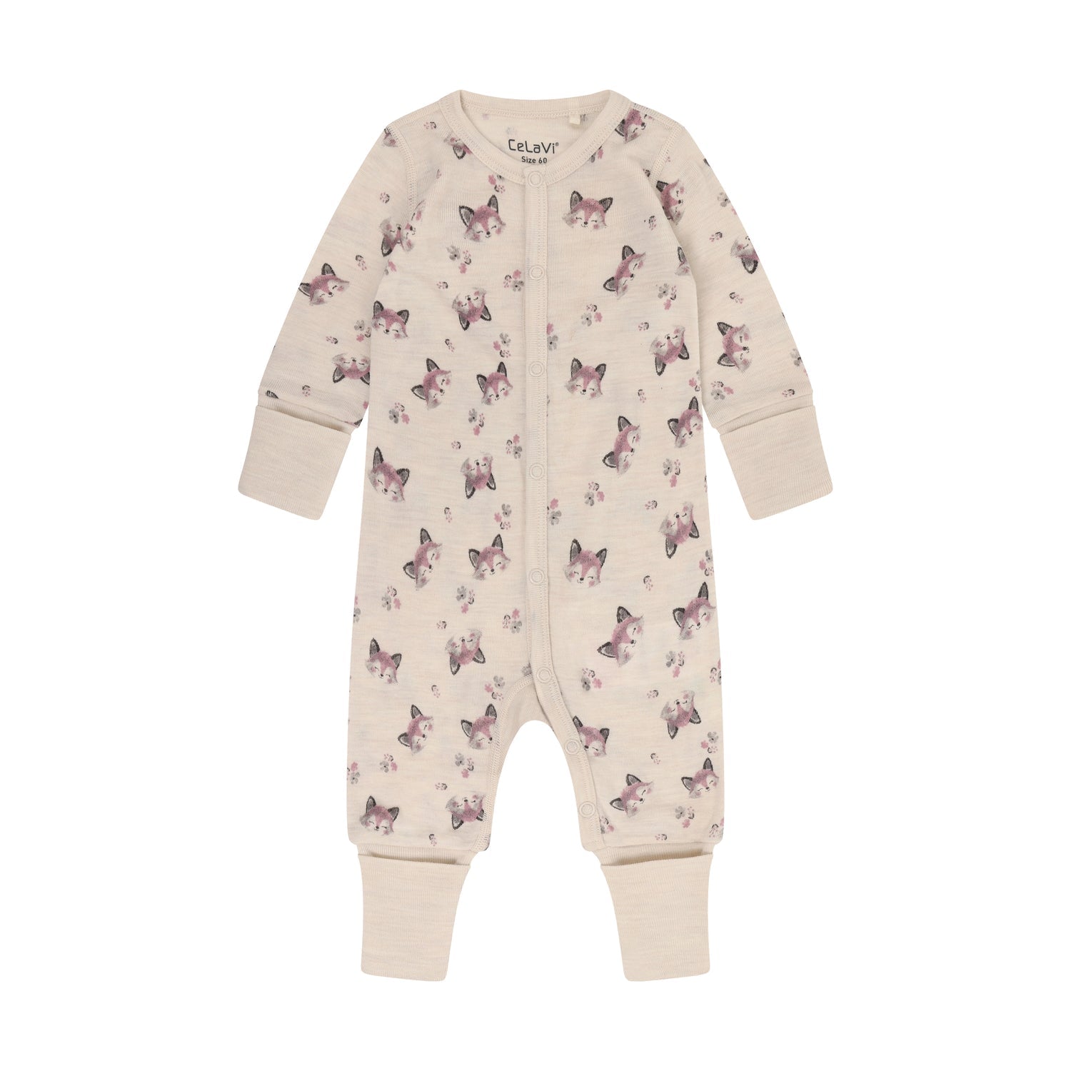 CeLaVi Merino Strampler Baby mit Fuchsprint in Lilas, Vorderansicht