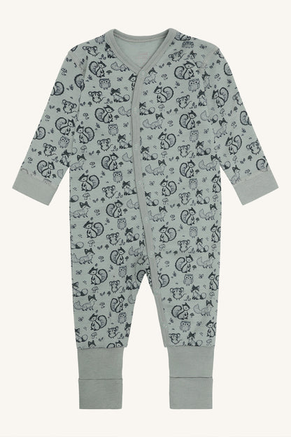Mobi Merino Schlafanzug mit Waldtierprint, Slate Green