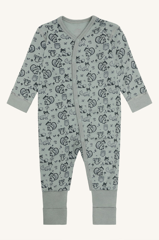 Mobi Merino Schlafanzug mit Waldtierprint, Slate Green