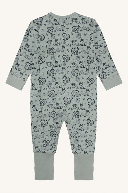 Mobi Merino Schlafanzug mit Waldtierprint, Slate Green