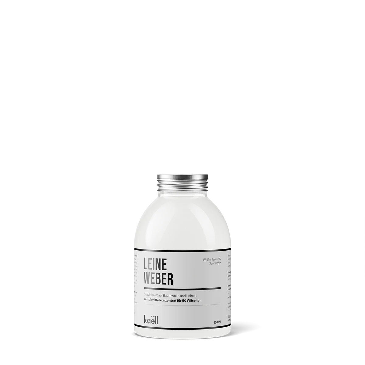 Produktabbildung der 500 ml Leineweber Waschkonzentrat-Flasche. Ideal für Baumwolle, Leinen und Naturfasern. Allergikerfreundlich, mit zartem Duft nach weißem Jasmin und Sandelholz.