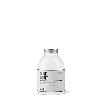 Produktabbildung der 500 ml Leineweber Waschkonzentrat-Flasche. Ideal für Baumwolle, Leinen und Naturfasern. Allergikerfreundlich, mit zartem Duft nach weißem Jasmin und Sandelholz.