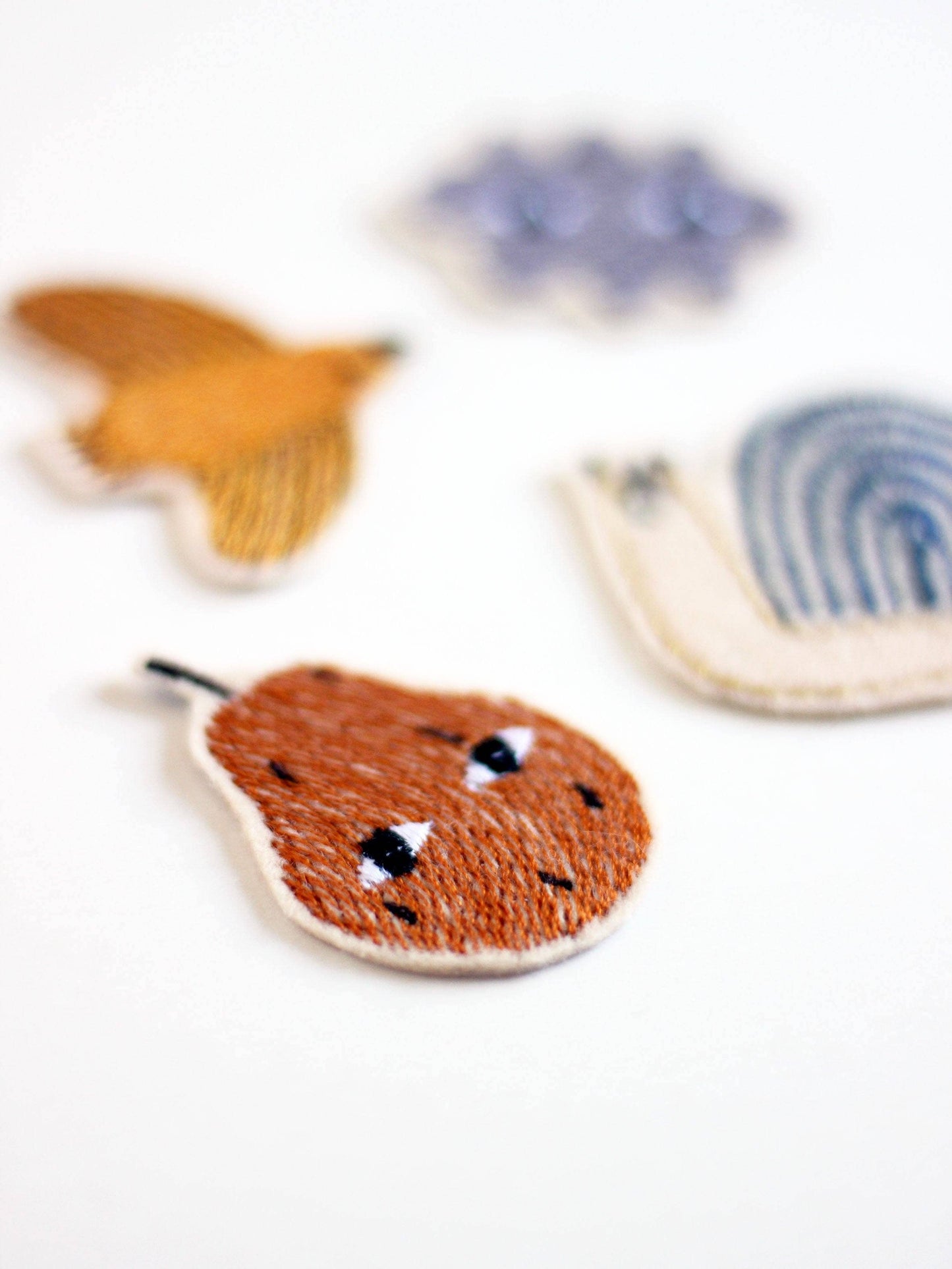 Aufnäher SET "Schnecke, Birne, Wolke, Vogel"