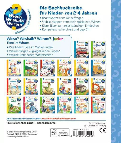 Rückseite Kinderbuch Tiere im Winter aus der Sachbuchreihe Wieso Weshalb Warum für Kinder von 2 bis 4 Jahren im Bärechind Winterthur Zürich Schweiz.