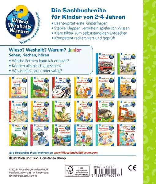 Rückseite Kinderbuch Sehen, riechen, hören aus der Sachbuchreihe Wieso Weshalb Warum für Kinder von 2 bis 4 Jahren im Bärechind Winterthur Zürich Schweiz.