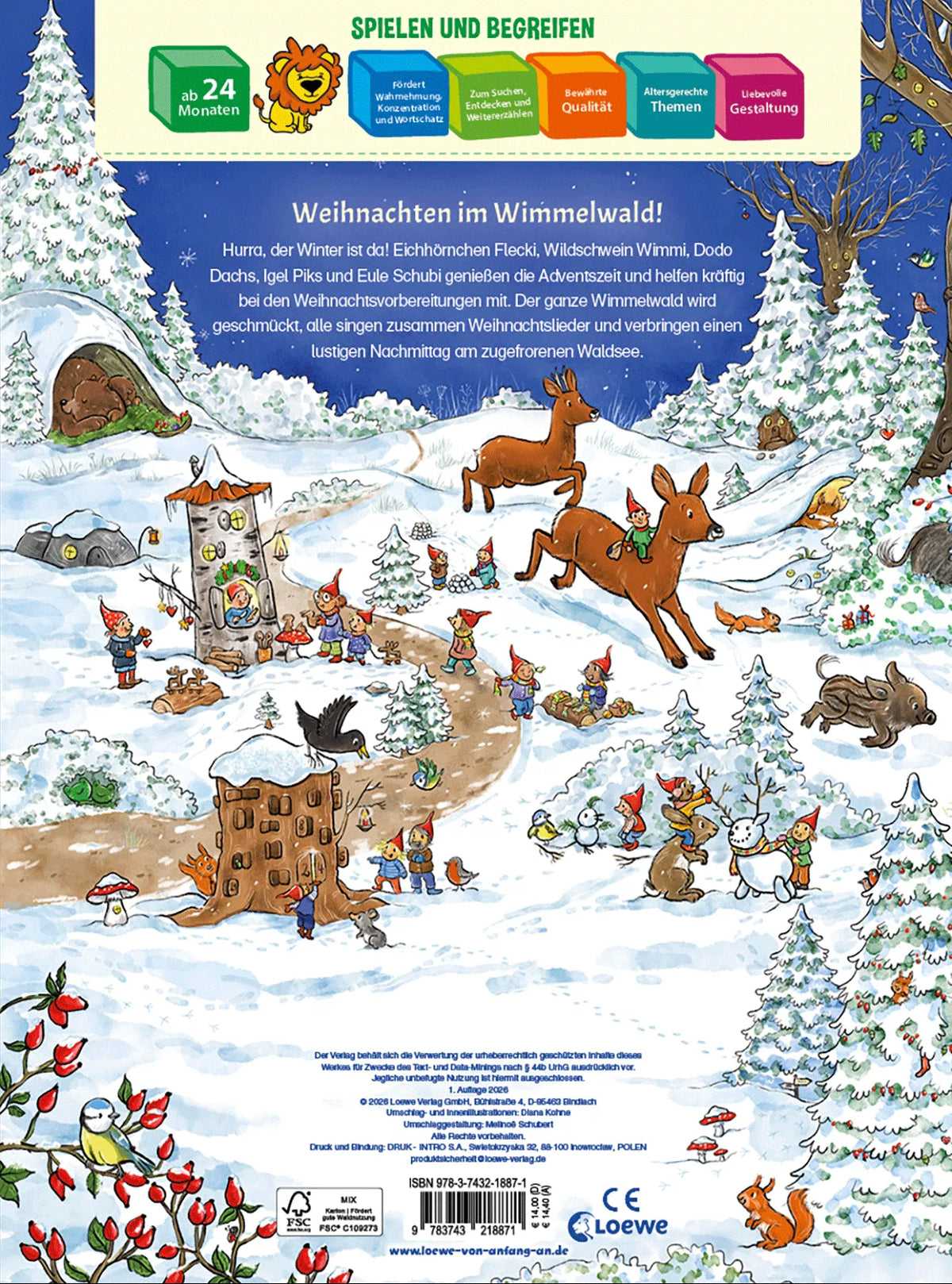 Wimmelseite aus Willkommen im Wimmelwald Frohe Weihnachten, Waldtiere spielen gemeinsam auf dem zugefrorenen Waldsee im Schnee
