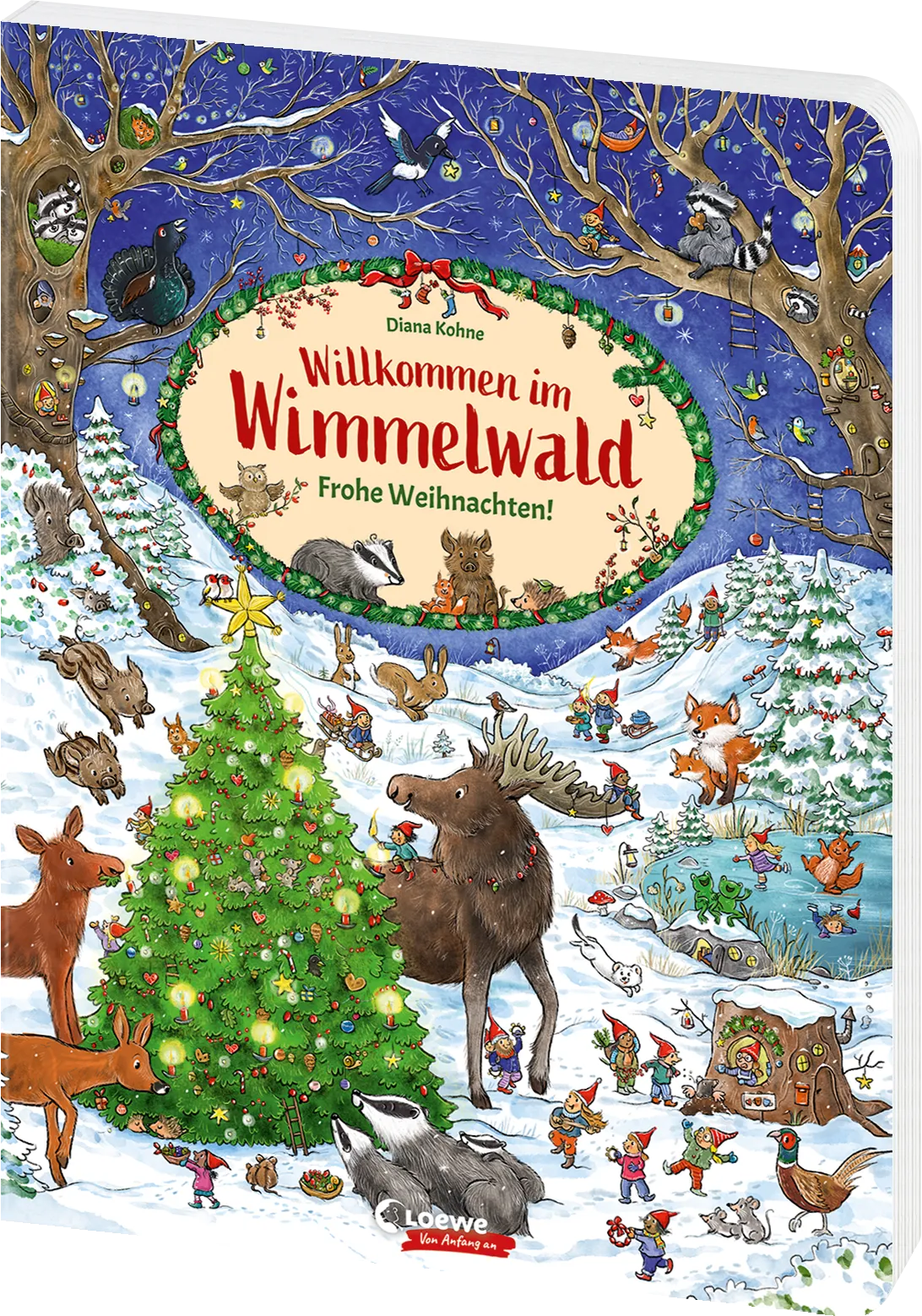 Buchcover Willkommen im Wimmelwald Frohe Weihnachten von Diana Kohne, Waldtiere feiern Weihnachten um einen geschmückten Baum im Schnee