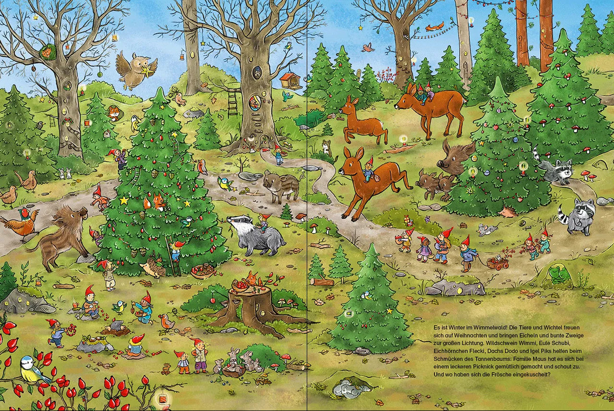 Wimmelseite aus Willkommen im Wimmelwald Frohe Weihnachten, Rehe und Waldtiere zwischen Bäumen im Wimmelwald