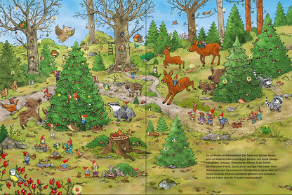 Wimmelseite aus Willkommen im Wimmelwald Frohe Weihnachten, Rehe und Waldtiere zwischen Bäumen im Wimmelwald