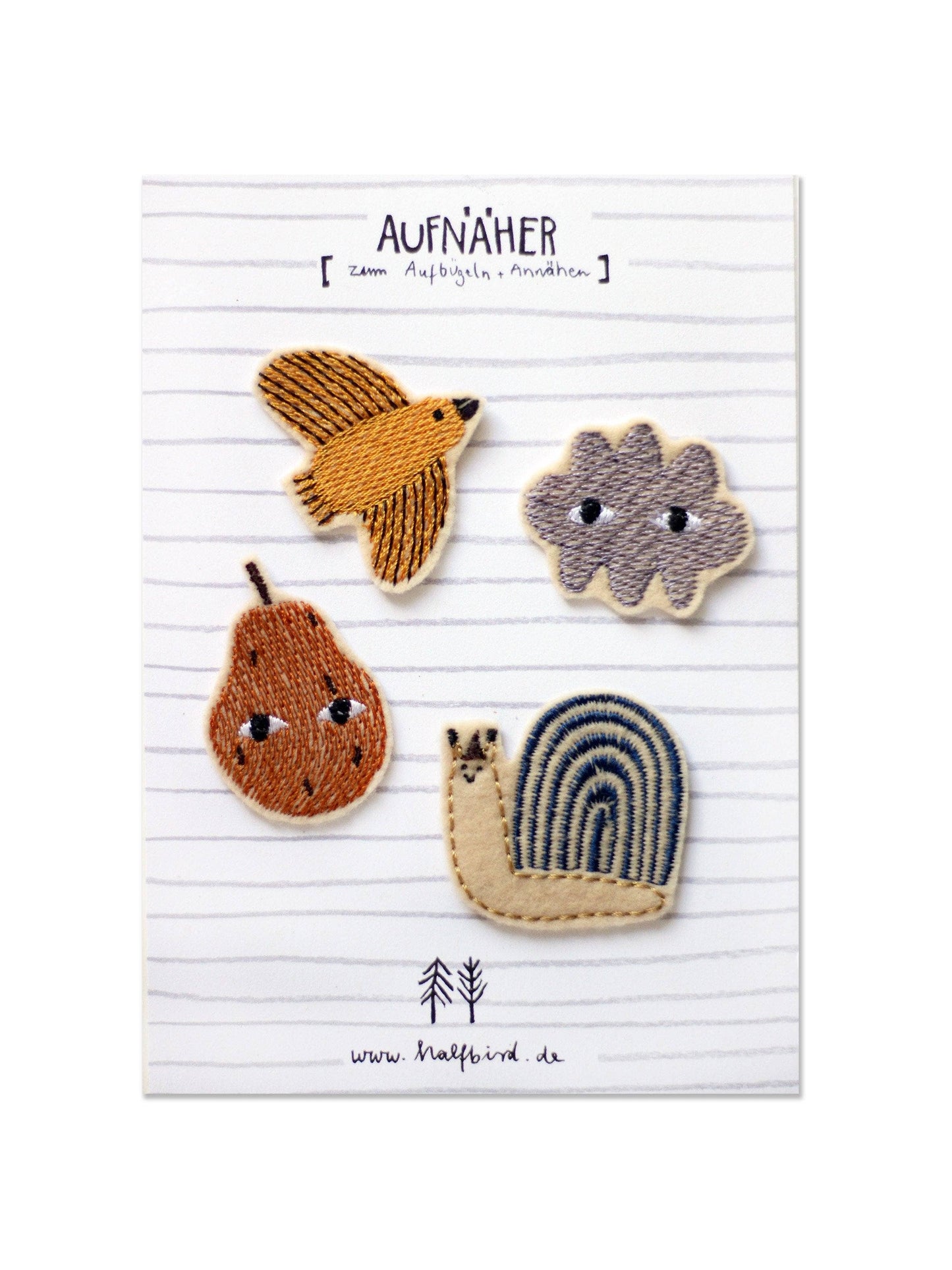 Aufnäher SET "Schnecke, Birne, Wolke, Vogel"