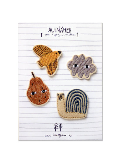 Aufnäher SET "Schnecke, Birne, Wolke, Vogel"