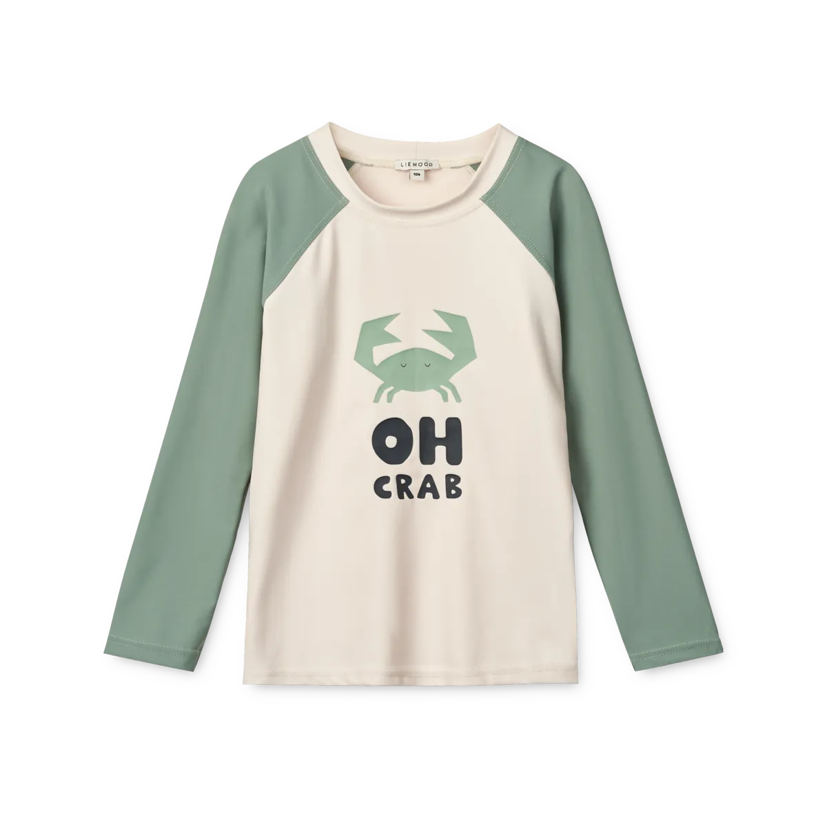 Liewood Noah Langarm-Schwimmshirt für Kinder in Sand und Pfefferminz mit „Oh Crabs“-Print. UV-Schutz UPF 40+. Erhältlich in Winterthur, Zürich, Schweiz.