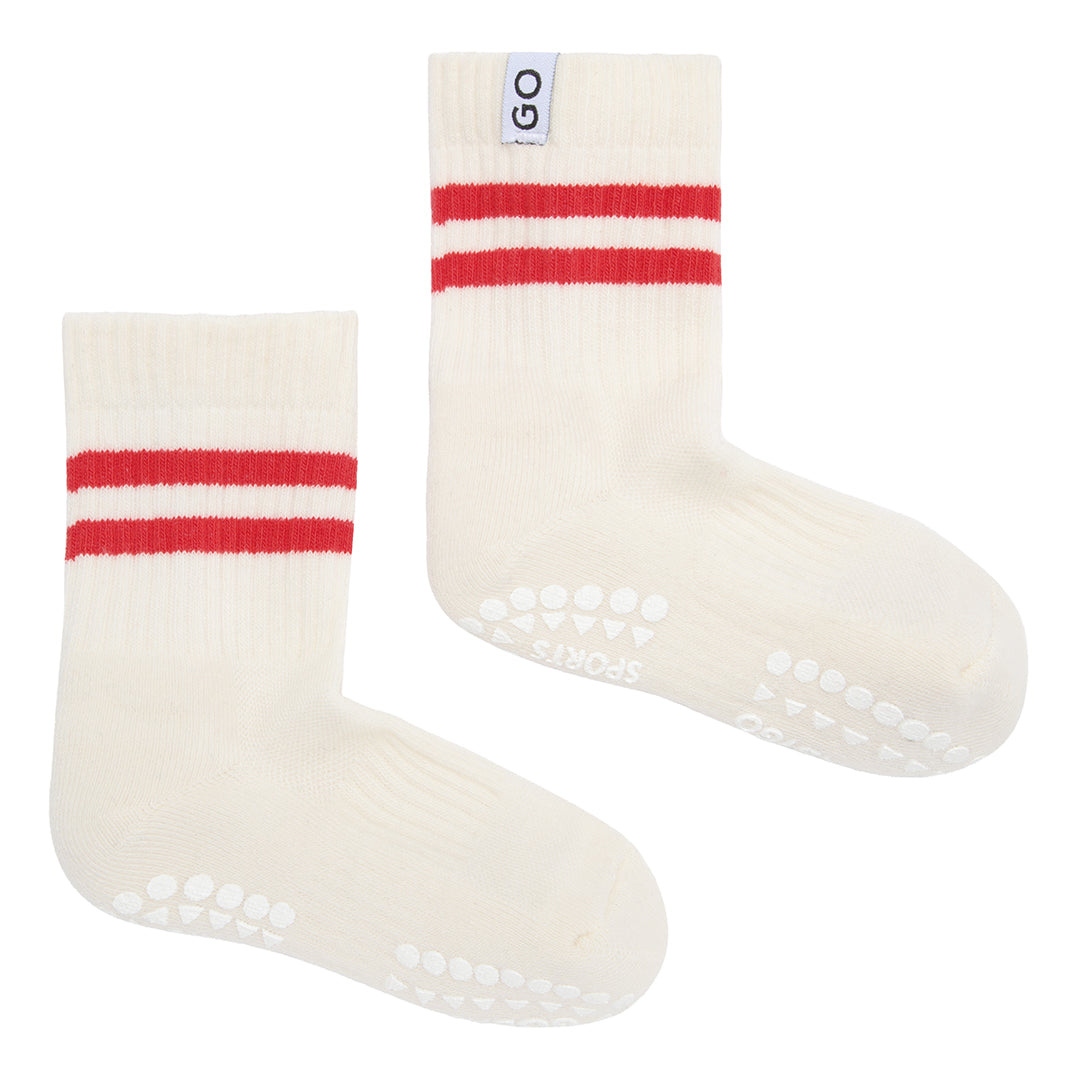 GoBabyGo Anti-Rutsch Socken mit roten Streifen für Kinder – erhältlich bei Bärechind in Winterthur, Zürich, Schweiz