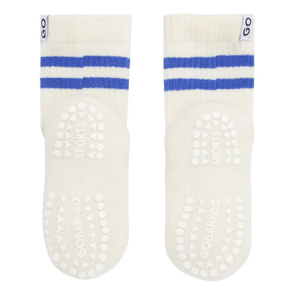 GoBabyGo Anti-Rutsch Socken creme mit blauen Streifen – erhältlich bei Bärechind Winterthur, Zürich, Schweiz.
