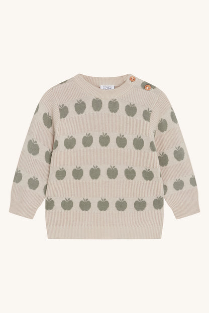 Vorderansicht des Hust & Claire Pos Pullovers in Seagrass mit Apfel-Print in Mint und weicher Baumwolle.