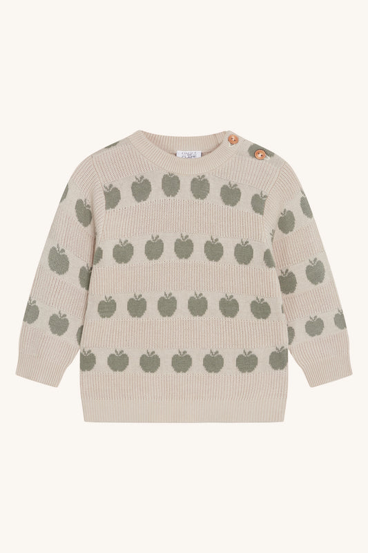 Vorderansicht des Hust & Claire Pos Pullovers in Seagrass mit Apfel-Print in Mint und weicher Baumwolle.