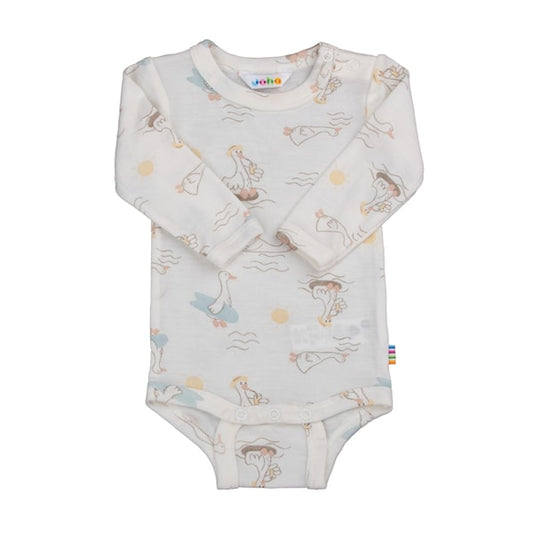 Joha Body mit süssem Gänsemuster, gefertigt aus 85% Wolle und 15% Seide, ideal für empfindliche Babyhaut.
