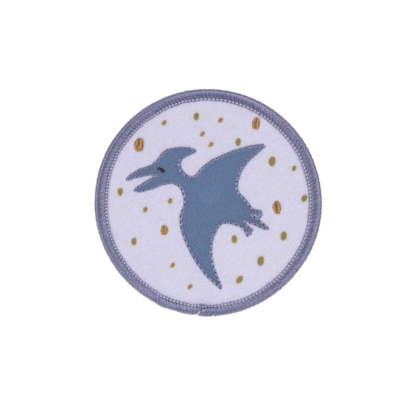 Runde Patch mit fliegendem Dinosaurier auf violettem Hintergrund aus dem Laessig Dinosaurier Set.
