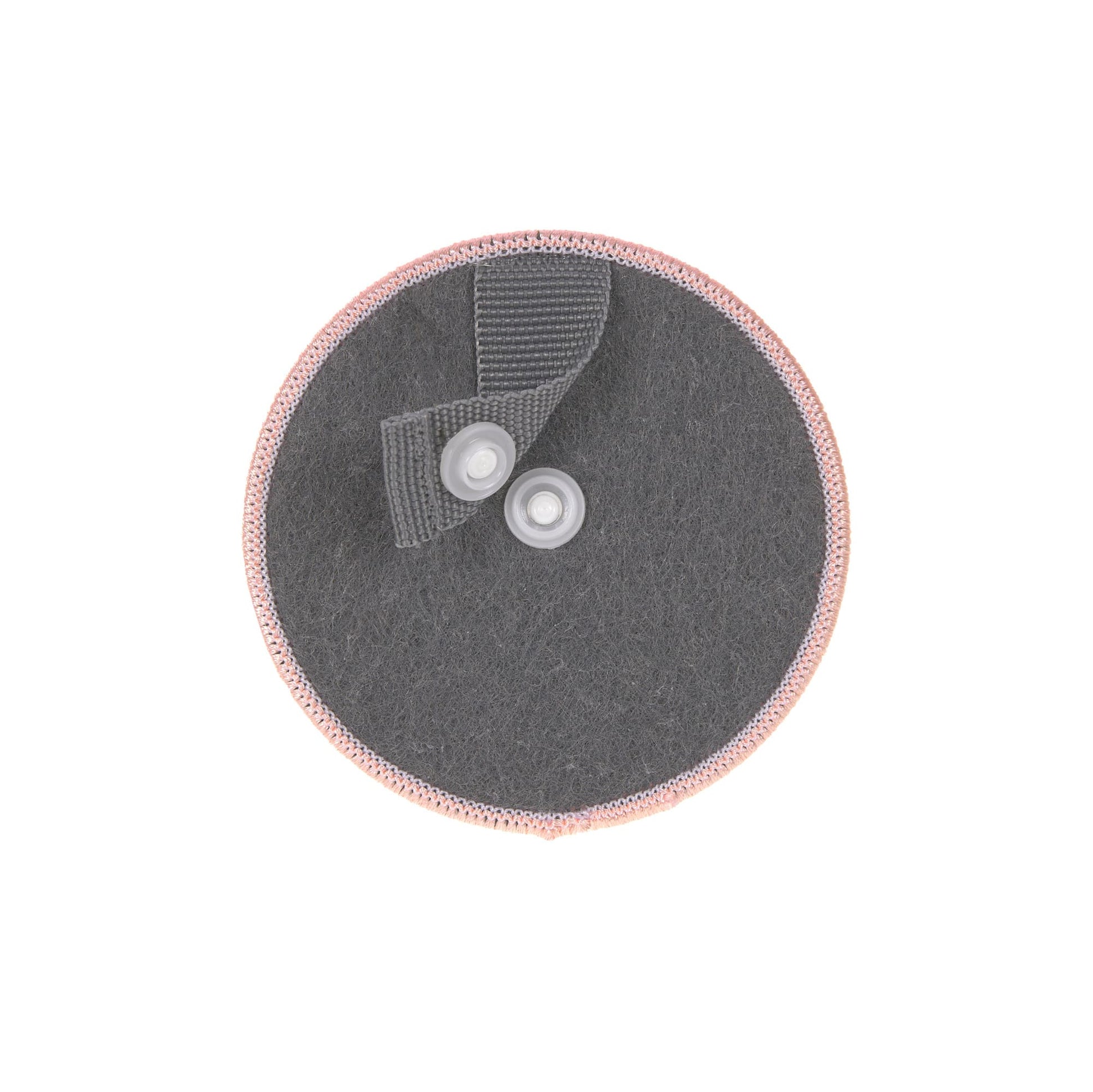 Rueckseite der runden Laessig Pferd-Patch mit grauem Stoff und Druckknoepfen zur Befestigung.