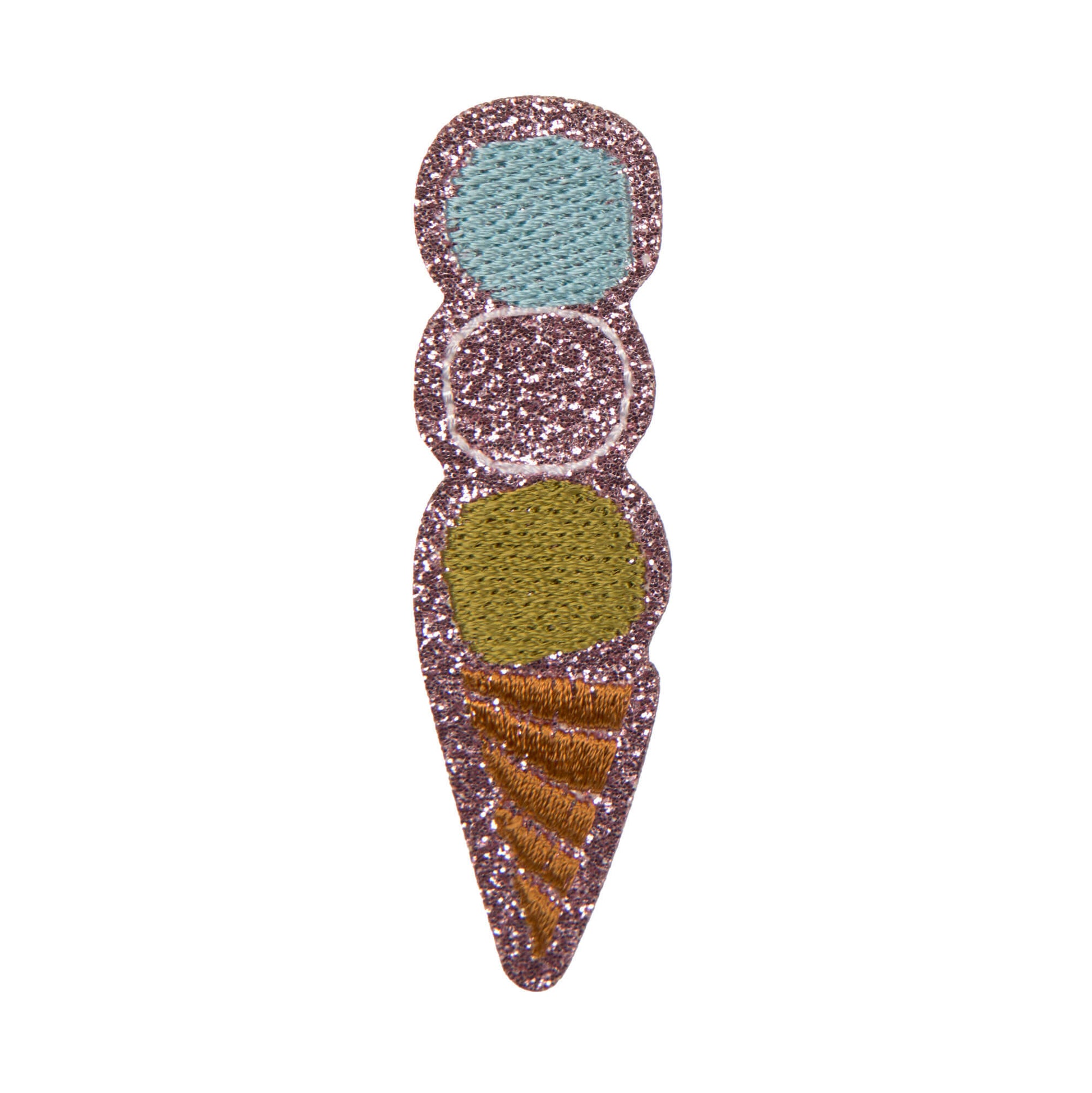 Selbstklebender Textilsticker in Form einer dreifarbigen Eiswaffel mit glitzernden Details von Lässig.