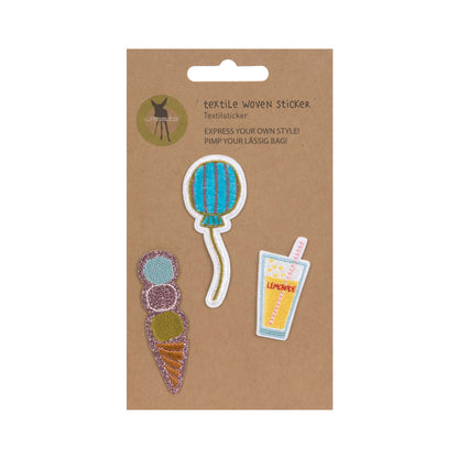 Verpackung des Lässig Textilsticker-Sets mit Eiscreme, Lolli und Limonaden-Motiven.