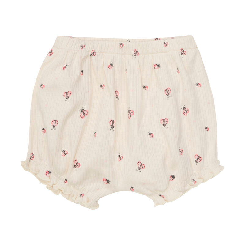 Nahaufnahme der Shorts aus dem Minymo Schlafanzug-Set mit elastischem Bund und Marienkäfer-Print.