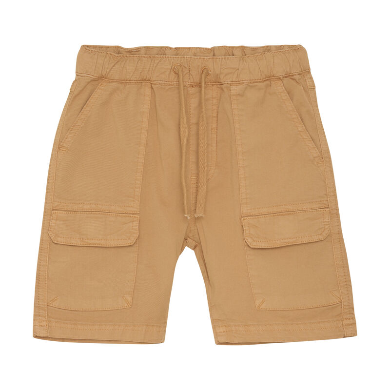 Vorderansicht der Minymo Shorts in Orange mit geräumigen Taschen und verstellbarem Gummibund.