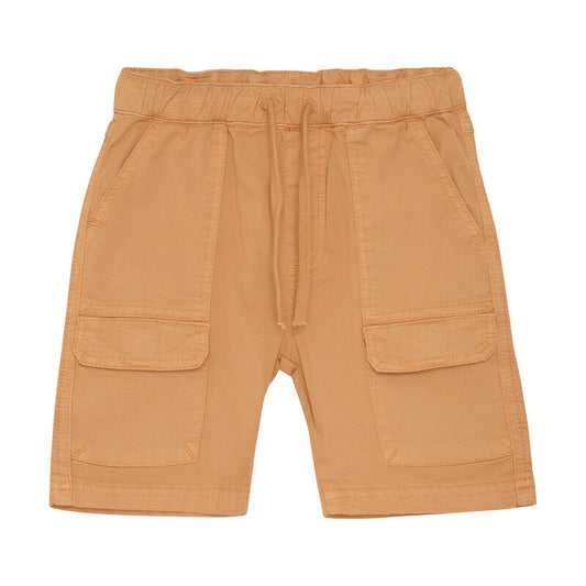 Vorderansicht der Minymo Shorts in Orange mit geräumigen Taschen und verstellbarem Gummibund.