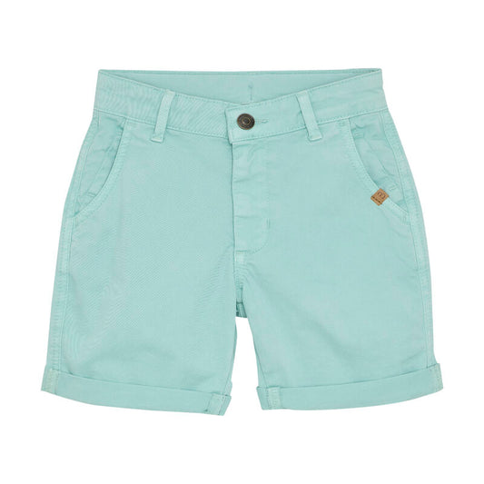 Vorderansicht der Minymo Twill Shorts in Türkis mit verstellbarem Bund und praktischen Taschen.