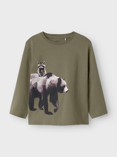 Kinder Langarmshirt in Olivgrün aus Bio-Baumwolle mit Bären-Print, Bärechind Winterthur Zürich Schweiz