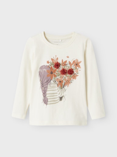 Kinder Langarmshirt in Weiss mit buntem Blumenprint aus Bio-Baumwolle, Bärechind Winterthur Zürich Schweiz
